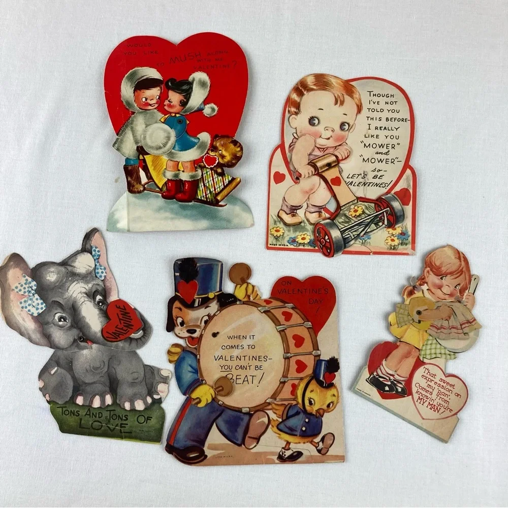 Vintage 1930's 1940's Die Cut Mechanical Valentine's Day Cards Lot Set of 5